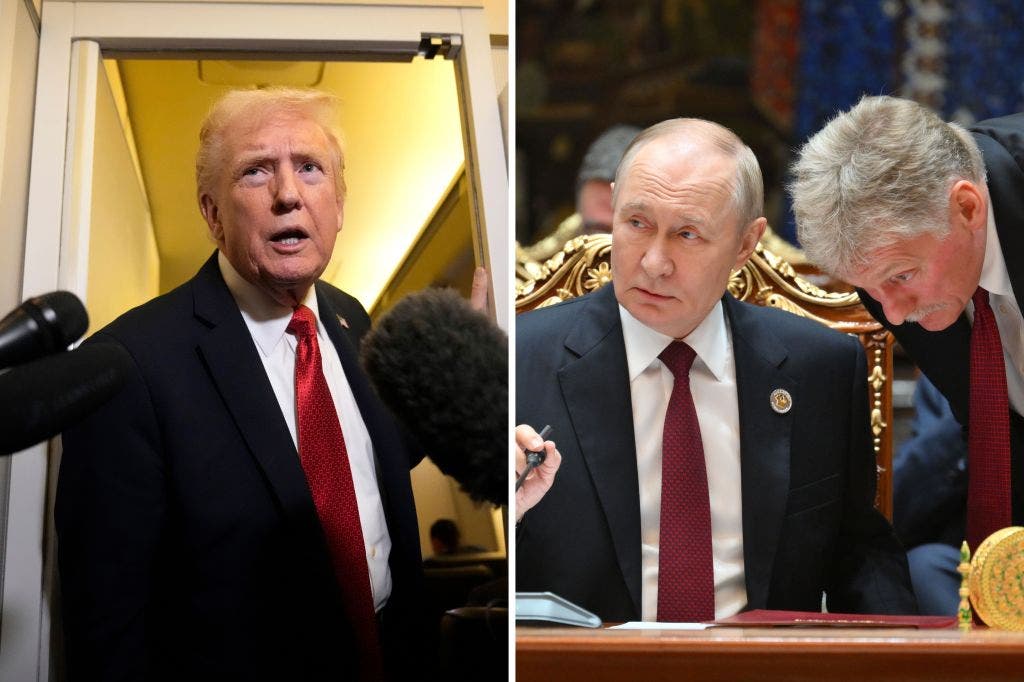 President Donald Trump speaks to reporters aboard Air Force One, Sunday, Oct. 19, 2025 (left) and (right) Russian President Vladimir Putin speaks to Kremlin spokesman Dmitry Peskov during an expanded format meeting of the Commonwealth of Independent States (CIS) Council of Heads of State on October 10, 2025