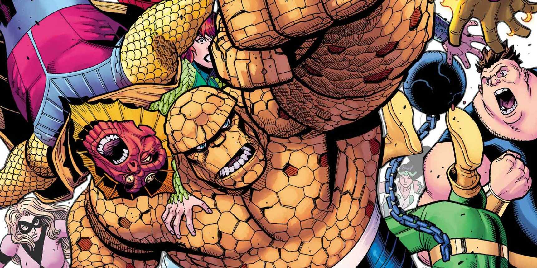 The Thing punching up out of a pile of supervillains on the cropped cover to The Thing (2025) #1