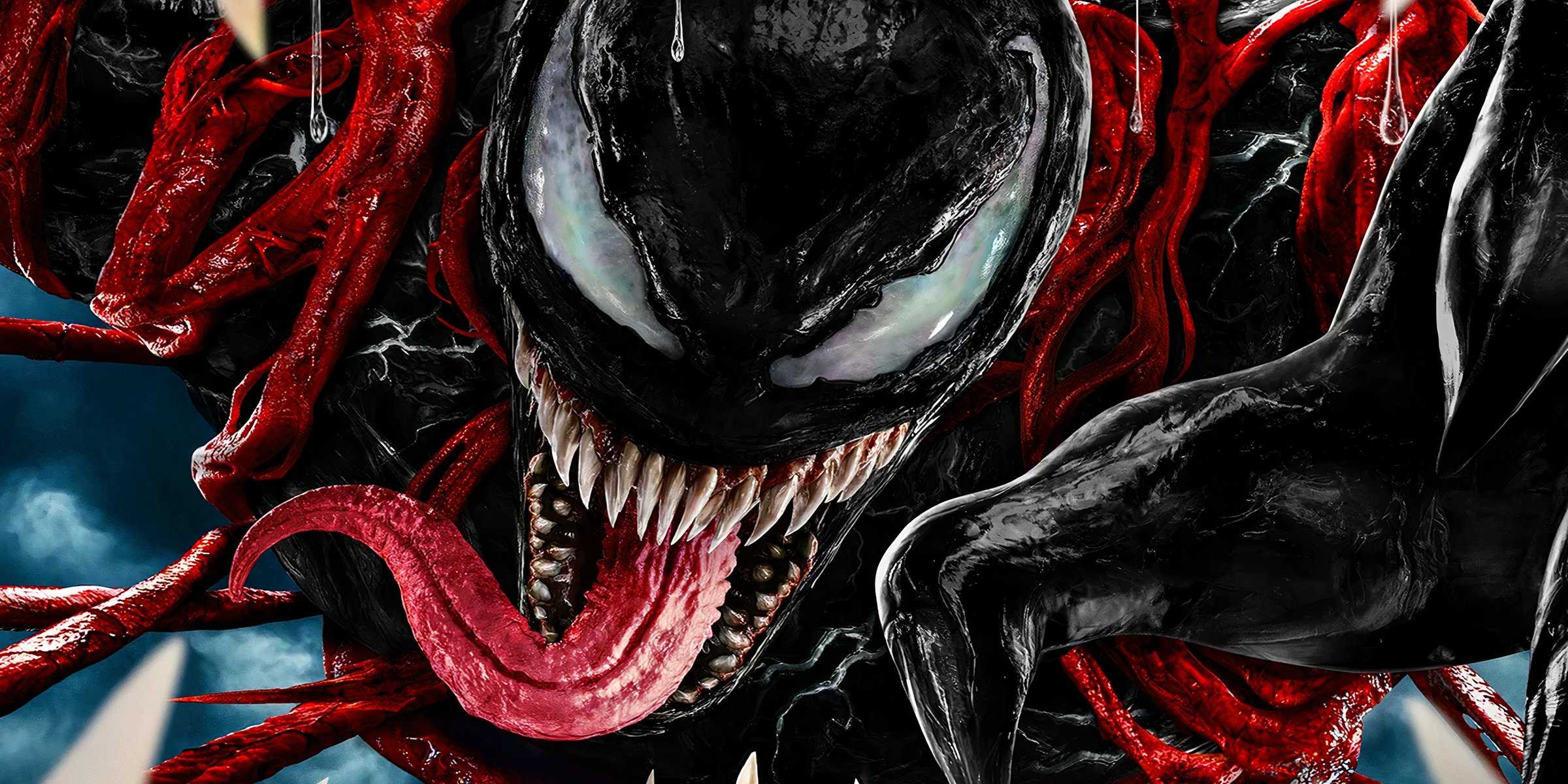 An extreme close up of live-action Venom's tongue and teeth as he leaps at the viewer.