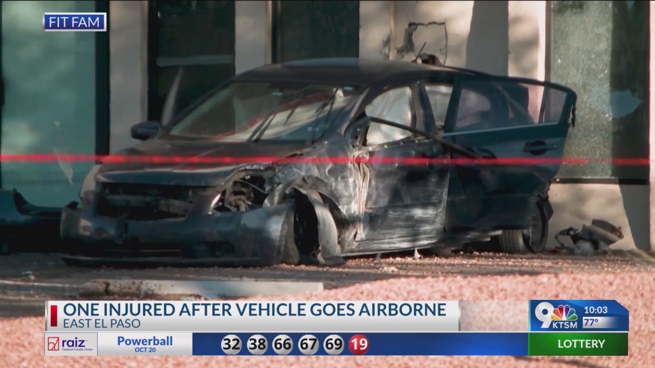 Car goes airborne, crashes into building