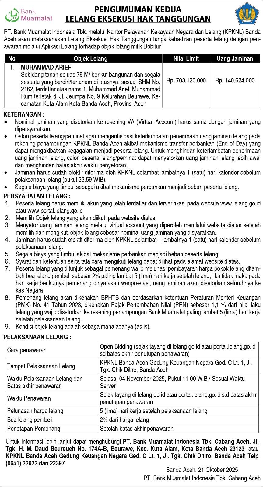 Pengumuman Kedua: Lelang Aset Nasabah Bank Muamalat