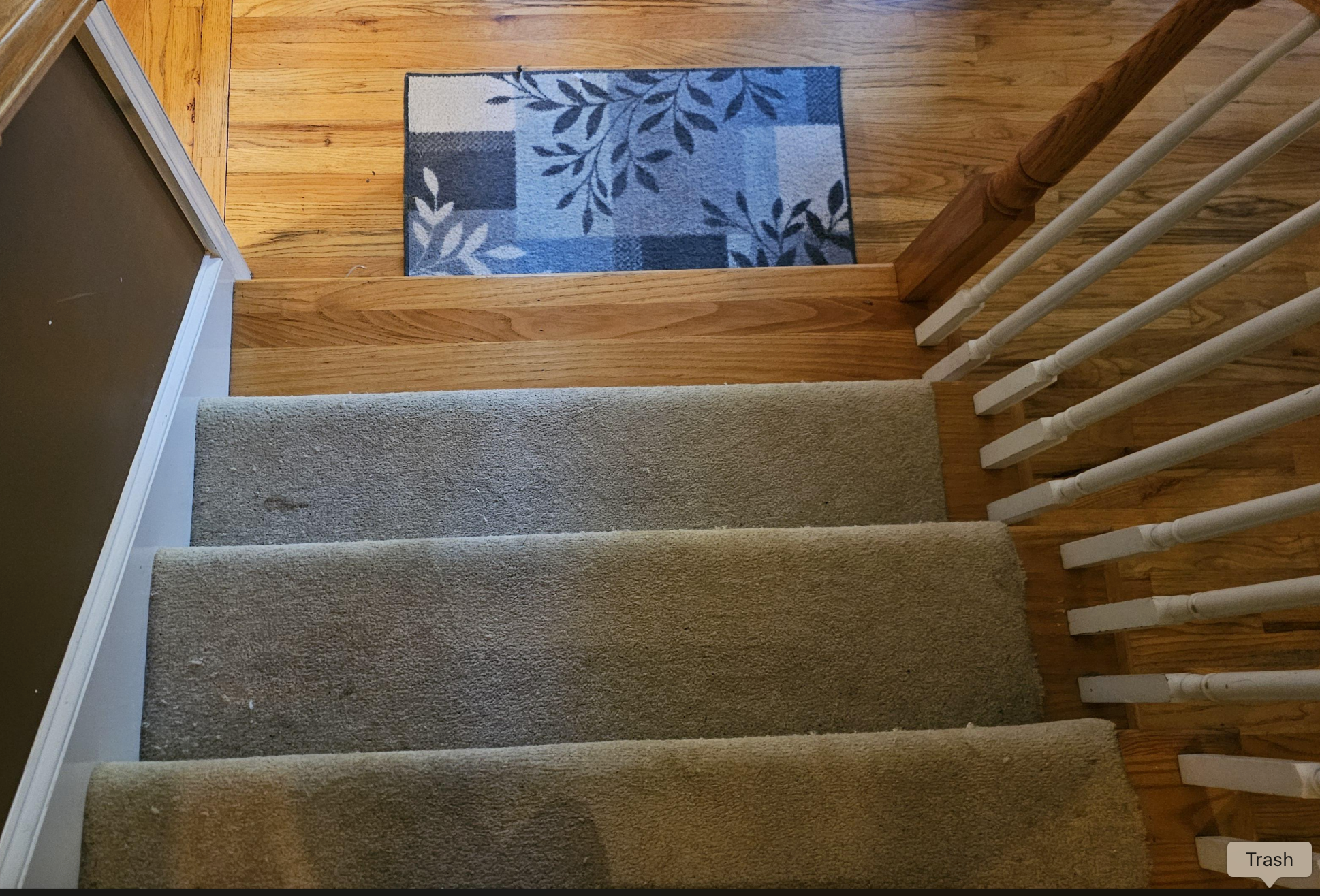 Carpeted stairs lead to a small, leaf-patterned mat on a wooden floor landing, next to a railing