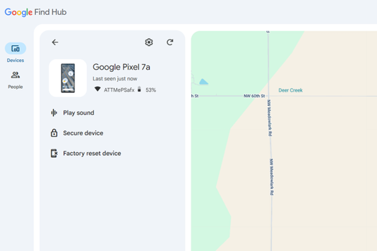 Google Find Hub interface showing a Google Pixel 7a device on a map