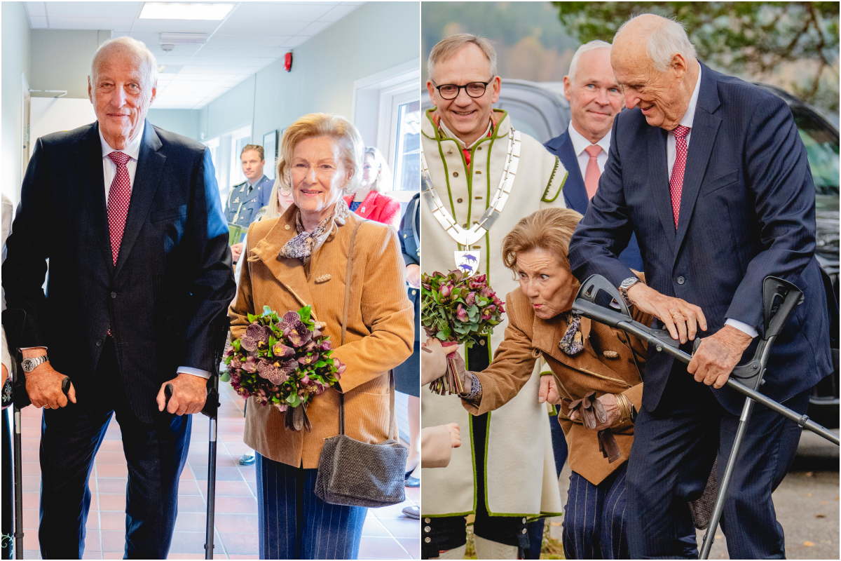Kong Harald og dronning Sonja sammen med Henriette Jæger (t.h.), Hedda Kortnes og Terje Kristiansen under besøket i Aremark kommune i Østfold fylke. Etter dette besøket har kongeparet besøkt alle kommunene i Østfold fylke. Foto: Stian Lysberg Solum / POOL / NTB