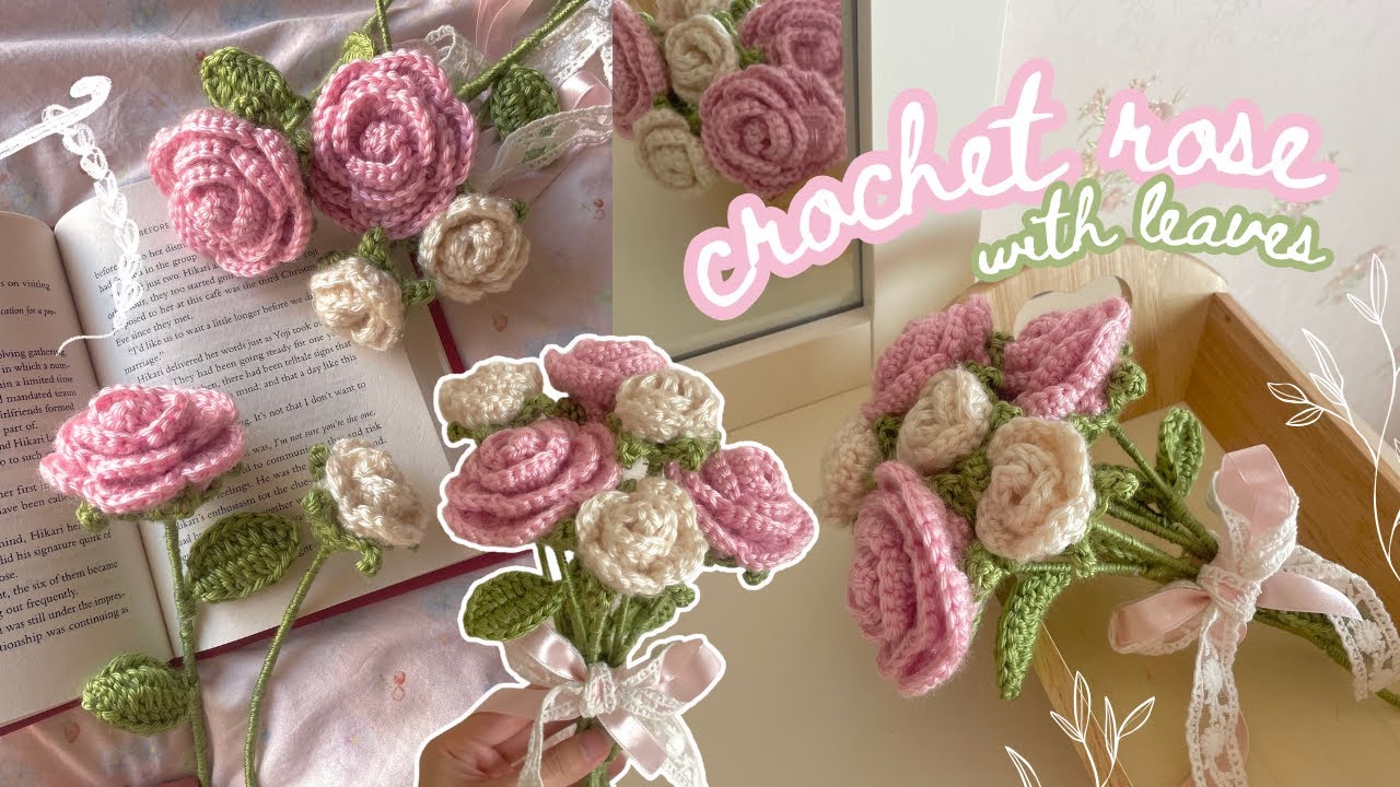 Crochet a beautiful rose with leaf details, easy tutorial in 2 sizes