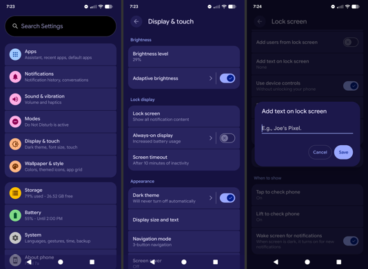 Screenshots of an Android phone settings interface focusing on the lock screen and add text feature