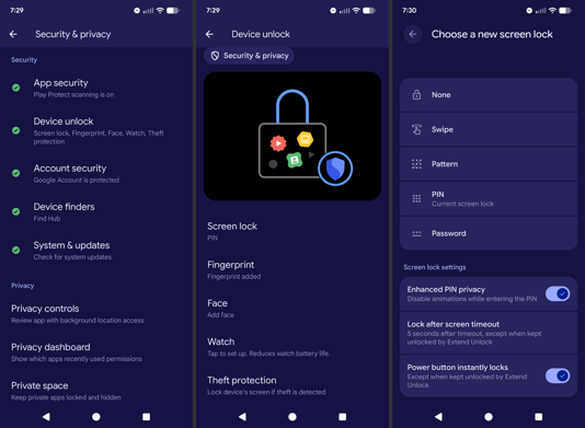A series of screens on an Android device showing security and lock screen settings including options for fingerprints and PINs