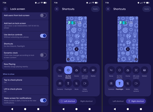 Screenshot of an Android settings interface showing lock screen and shortcut customization options