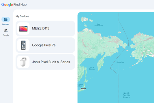 Google Find Hub interface showing a device list and a map