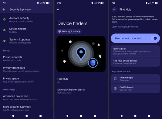 Screenshot showing Androids Find Hub feature with instructions for locating and securing devices in the system settings