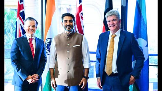 Andhra Pradesh IT minister Nara Lokesh with officials from the Australian trade delegation on Tuesday.