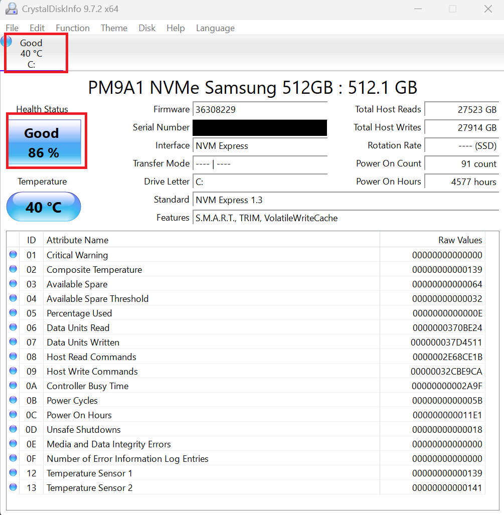 A screenshot of the CyrstalMarkInfo utility that examines hard drive and SSD health.