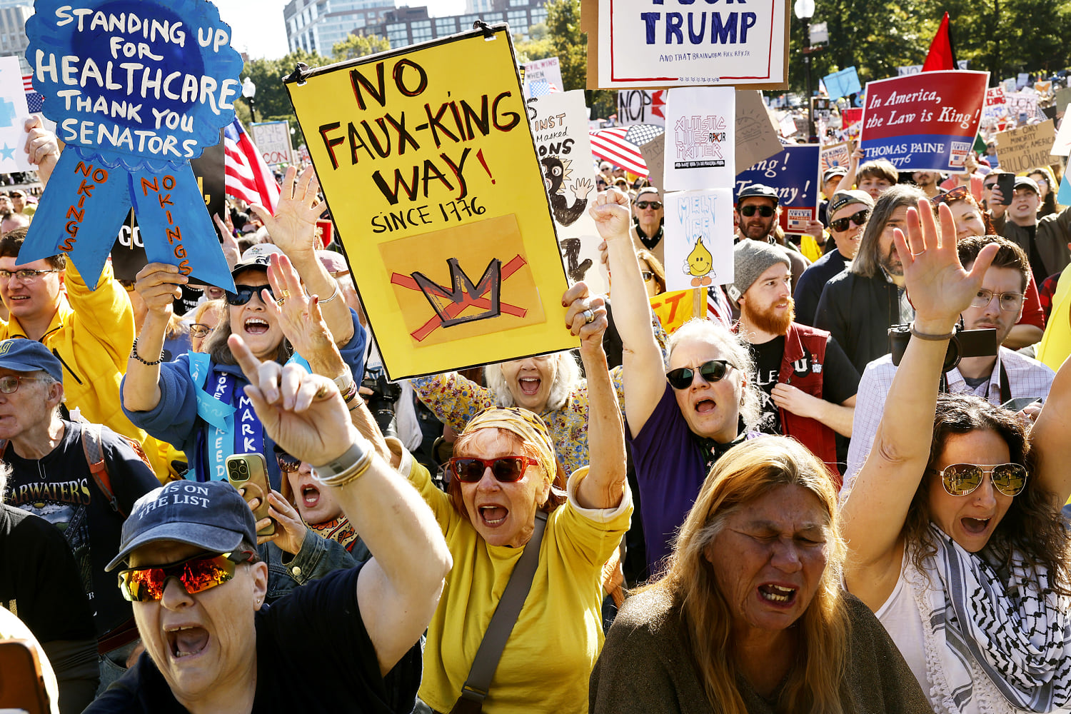 Crowd cheers during the "No Kings" rally on Boston Common on Oct. 18, 2025.