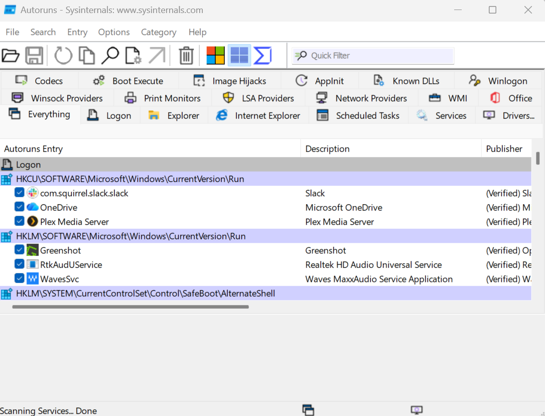 A screenshot of the autoruns utility that is part of Sysinternals Suite, designed to help diagnose Windows problems.
