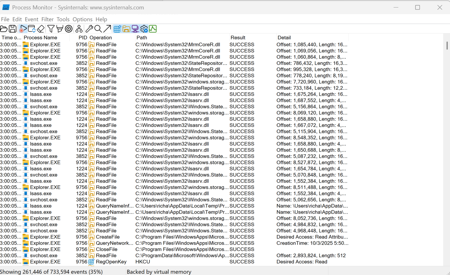 A screenshot of the ProcMon utility that is part of Sysinternals Suite, designed to monitor Windows processes..