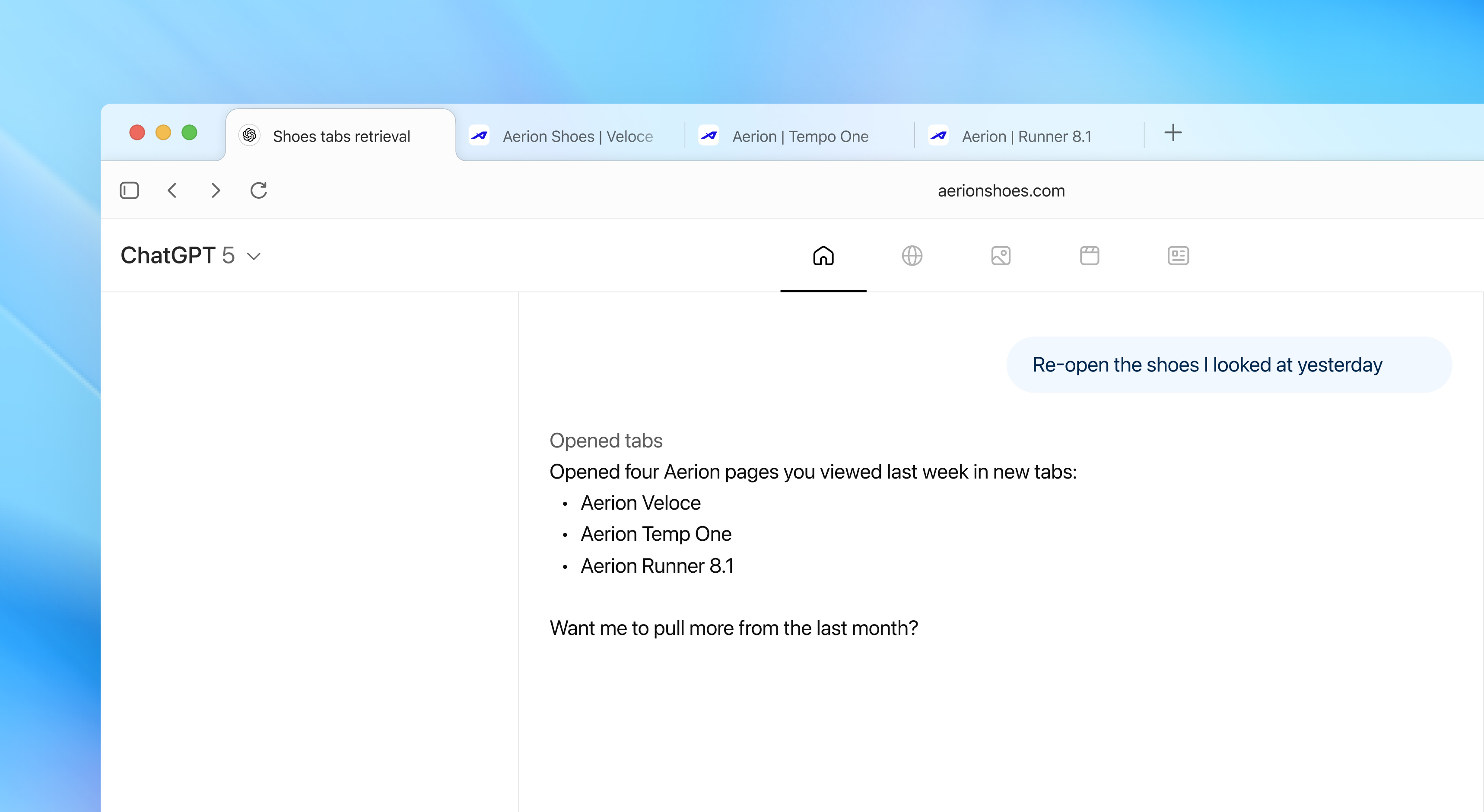 Users can ask ChatGPT to recall and reopen sites you have visited in the past.