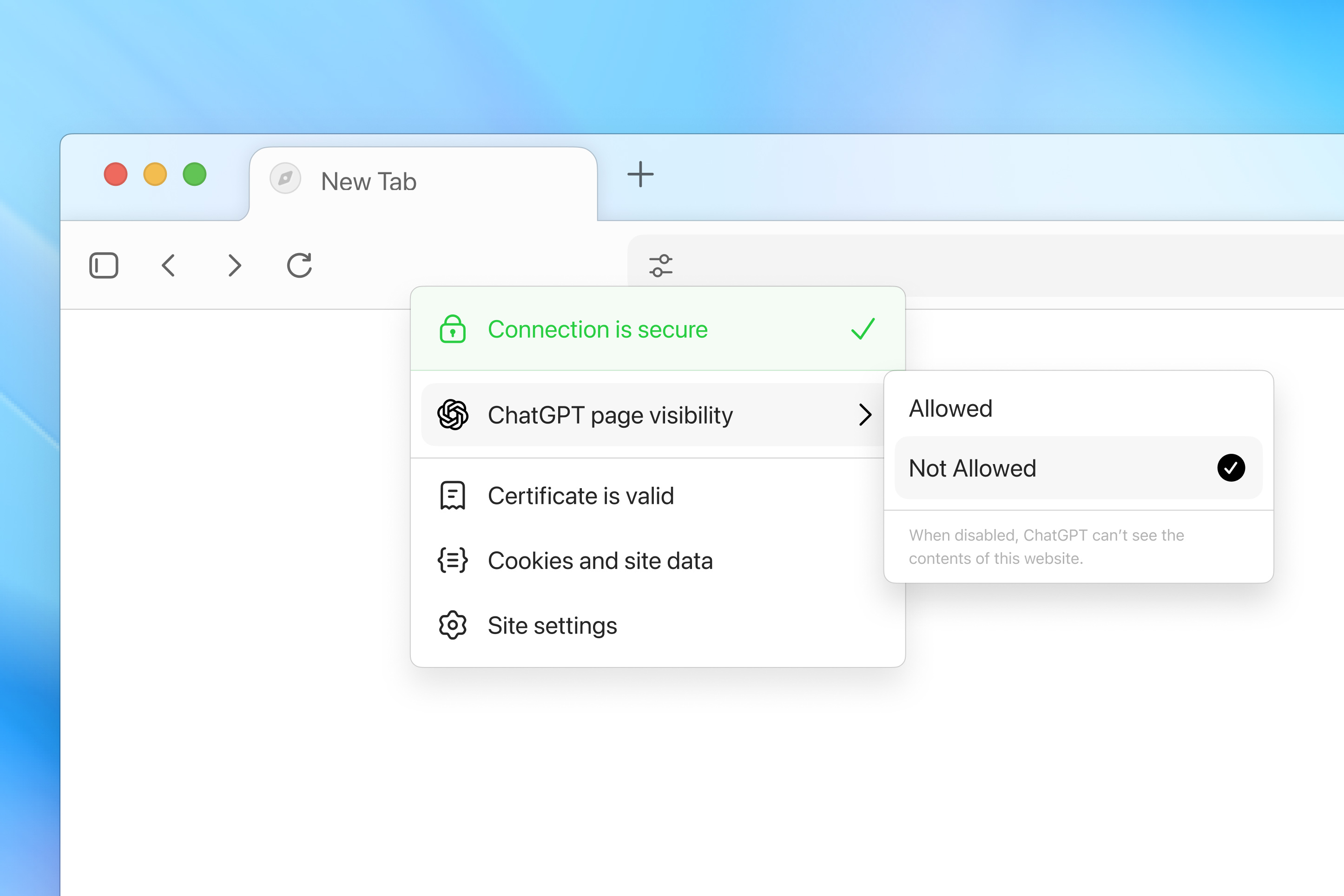 Users can toggle between whether ChatGPT can see the content on pages visited.