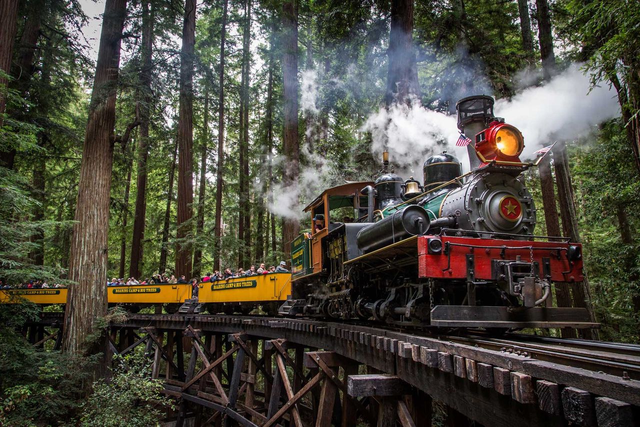 An old steam train engine and carts to hold tourists through the redwoods at Redwoods State Park in California