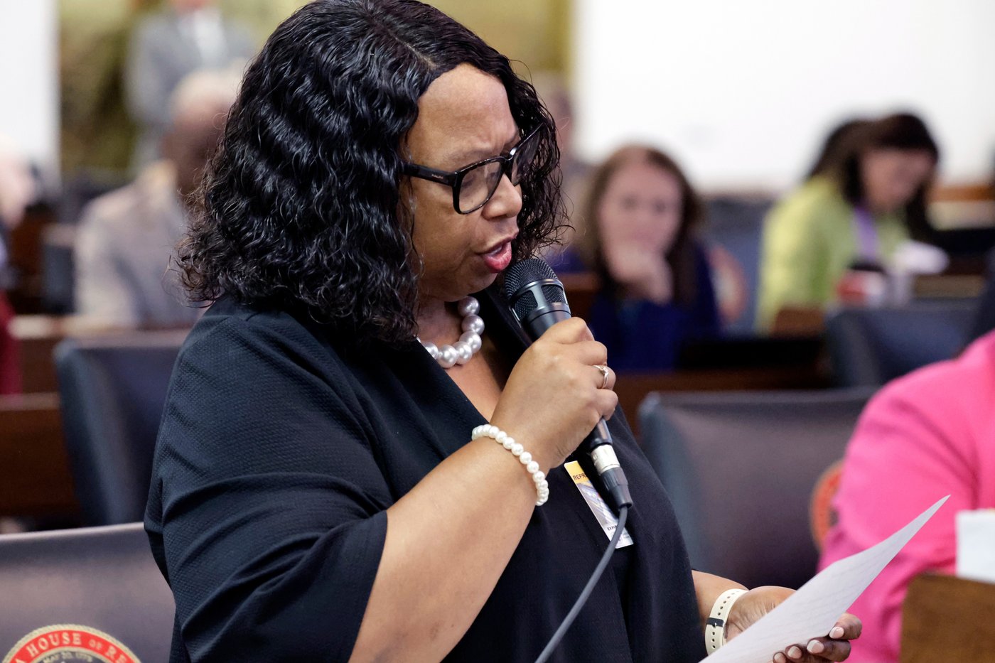 Rep. Gloristine Brown, D-Pitt, speaks on a redistricting bill at the Legislative Building, Wednesday, Oct. 22, 2025, in Raleigh, N.C. (AP Photo/Chris Seward)