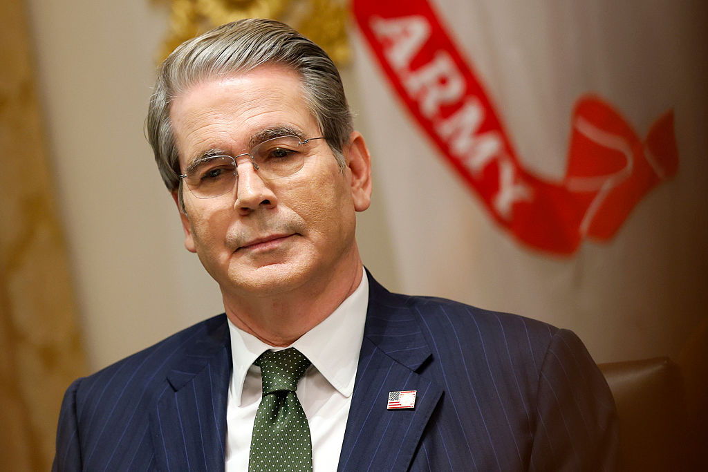 Scott Bessent looks on during meeting with Trump and Milei