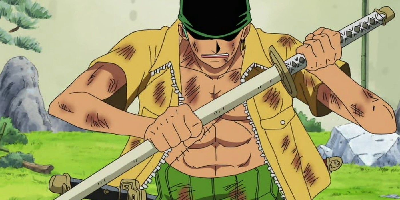 Zoro holds Wado Ichimonji close to himself in One Piece