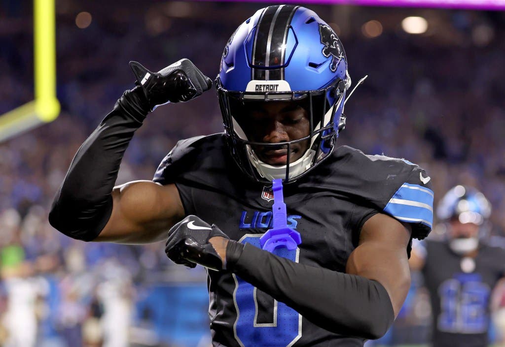 Terrion Arnold #0 of the Detroit Lions celebrates after breaking up a 4th down pass in the end zone against the Seattle Seahawks during the fourth quarter at Ford Field on September 30, 2024 in Detroit, Michigan.