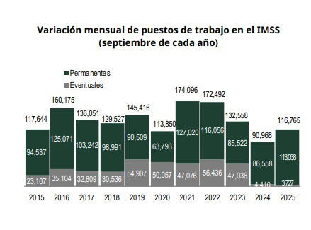 Variación mensual de puestos de trabajo en el IMSS