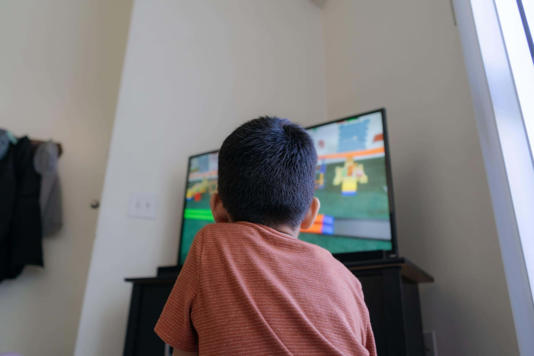 Young Child watching a show on a flat screen television in the living room