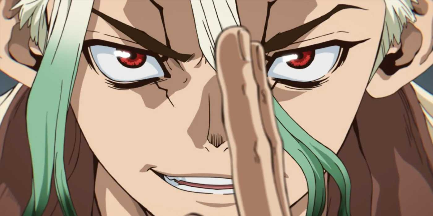 Senku with two fingers held up in front of his face.