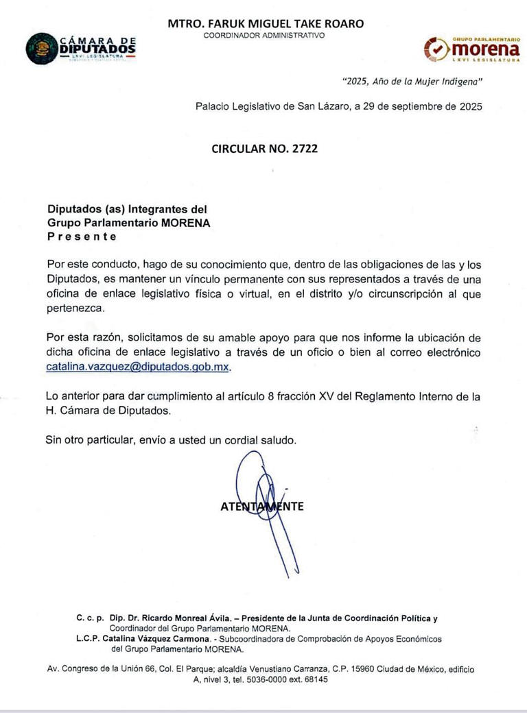 La coordinación de Morena en San Lázaro solicitó a sus 253 legisladores informar la ubicación de sus oficinas de enlace o justificar el uso de los apoyos económicos. Quienes no comprueben los recursos deberán devolver el monto otorgado por concepto de atención ciudadana y asistencia legislativa.