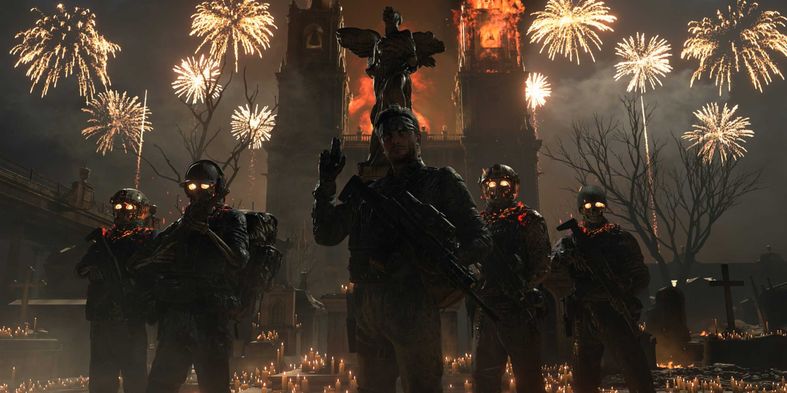 Neil Vana with his army of the dead with fireworks going off in the background in Death Stranding 2: On the Beach