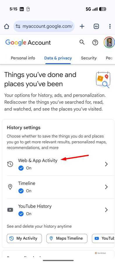 Web & App Activity option in Google Account.
