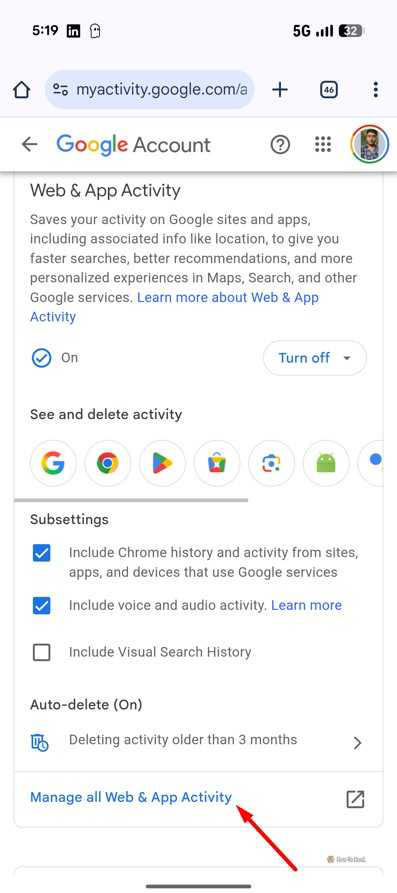 Manage all web & app activity option in Google Account.