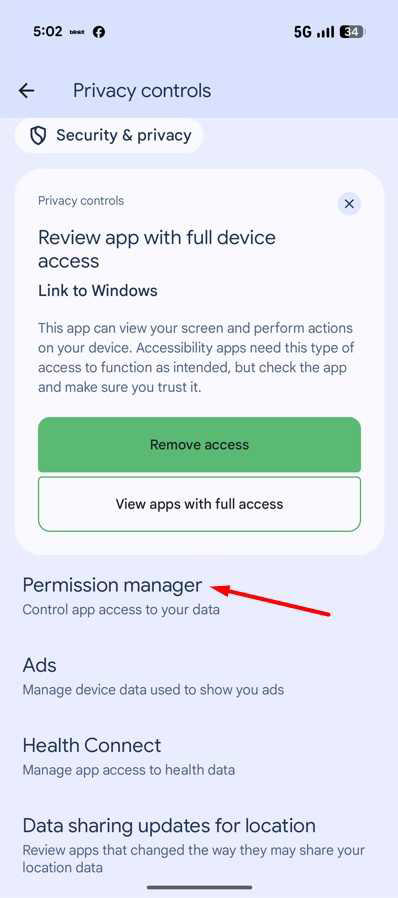 Permission Manager option in Pixel.