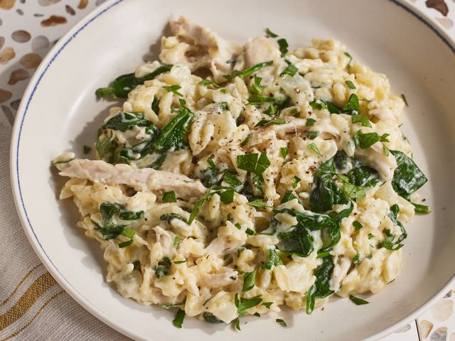 very close up on a plate of one pot lemon chicken orzo