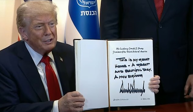 President Donald Trump signed a welcome book before speaking to Israel's Knesset. 'This is my great honor - a great and beautiful day. A new beginning,' the president wrote as Israeli hostages were released from Gaza&nbsp;