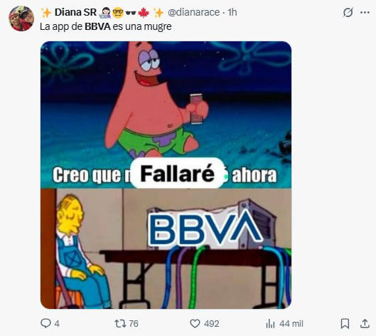Usuarios reaccionan con una ola de memes a falla en el sistema de BBVA México, el humor se apodera de las redes sociales. Foto: Captura de pantalla 'X'