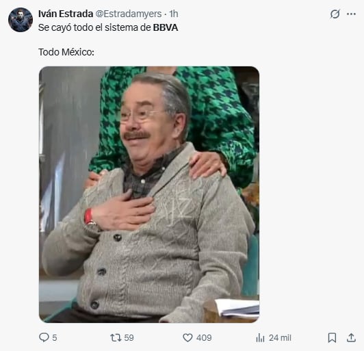 Usuarios reaccionan con una ola de memes a falla en el sistema de BBVA México, el humor se apodera de las redes sociales. Foto: Captura de pantalla 'X'