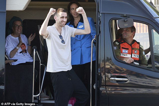 Released Israeli hostage Avinatan Or greets well–wishers upon arriving at Beilinson Hospital in the Rabin Medical Centre in Petah Tikva in central Israel&nbsp;