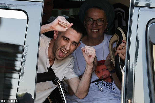 Released hostage Avinatan Or, who was kidnapped during the deadly October 7 attack by Hamas and taken to Gaza, reacts upon arrival at the site of Rabin Medical Center–Beilinson Hospital, amid a hostages–prisoners swap and a ceasefire deal between Israel and Hamas in Gaza, in Petah Tikva, Israel October 13