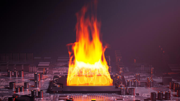 An illustration of a CPU on fire on a motherboard.