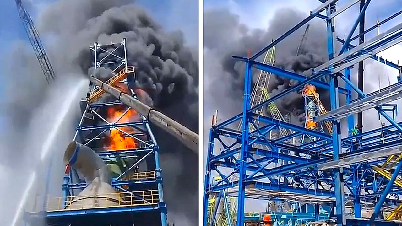 Workers escape as fire rips through nickel factory tower in Indonesia
