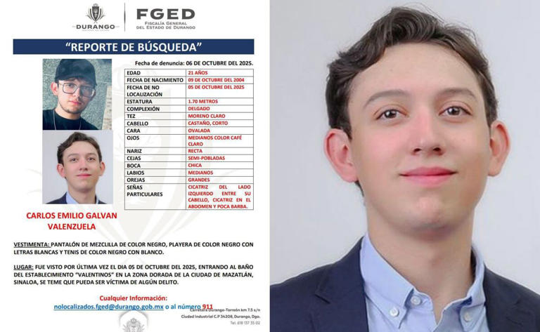 Ficha de búsqueda de Carlos Emilio, duranguense que desapareció en baño de bar de Mazatlán (14/10/2025). Foto: Cortesía