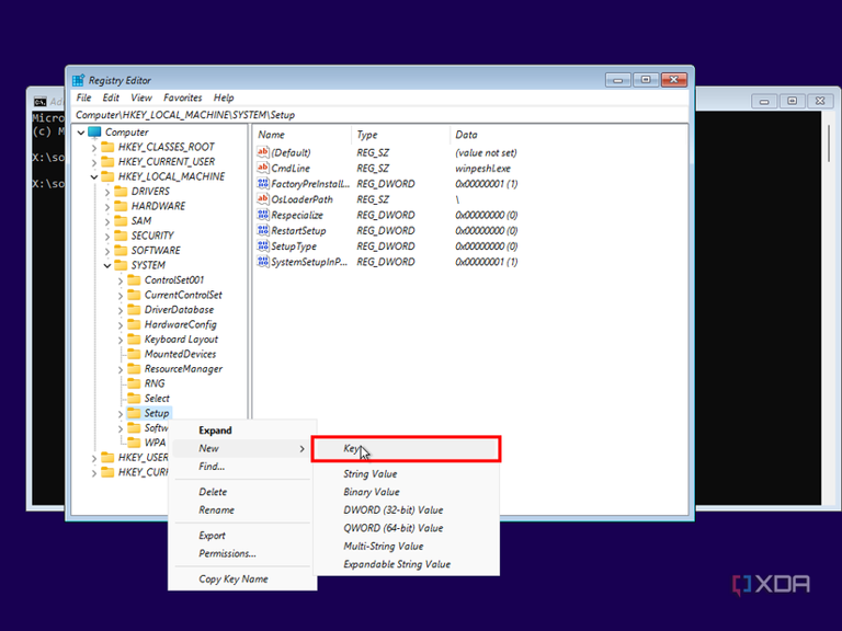 Screenshot of Registry Editor in Windows 11 Setup with the option to create a new key highlighted