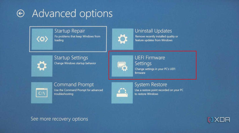 Screenshot of Windows Recovery Environment with UEFI Firmware Settings option highlighted