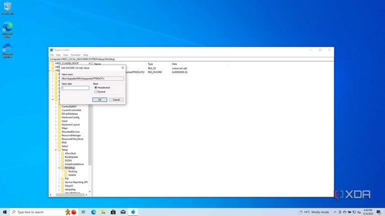 Screenshot of Registry Editor when modifying an hexadecimal value to be 1