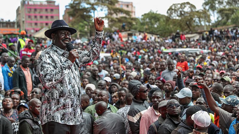 Kenya's opposition leader Raila Odinga addresses a rally of supporters in the capital Nairobi, Kenya Sunday, April 16, 2023.