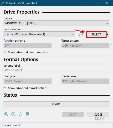 Screenshot of Rufus with the select button highlighted choose an ISO file from which to create installation media