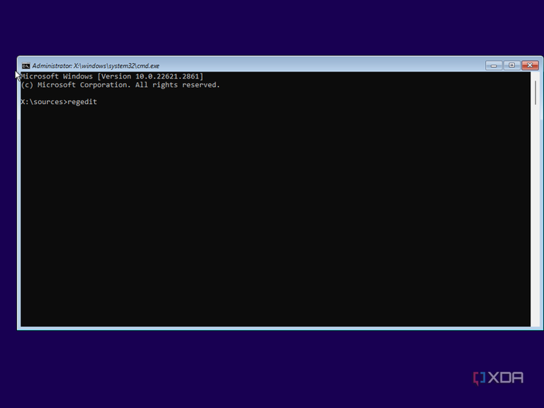 Screenshot of Command prompt during Windows 11 Setup with the regedit command
