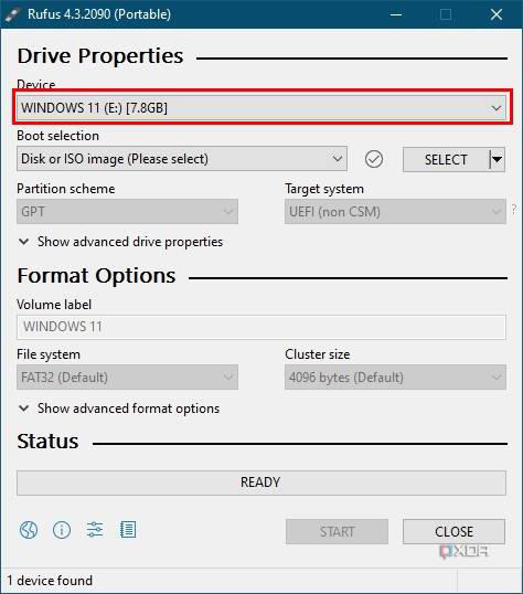 Screenshot of Rufus with a USB drive selected for Windows 11 installation media